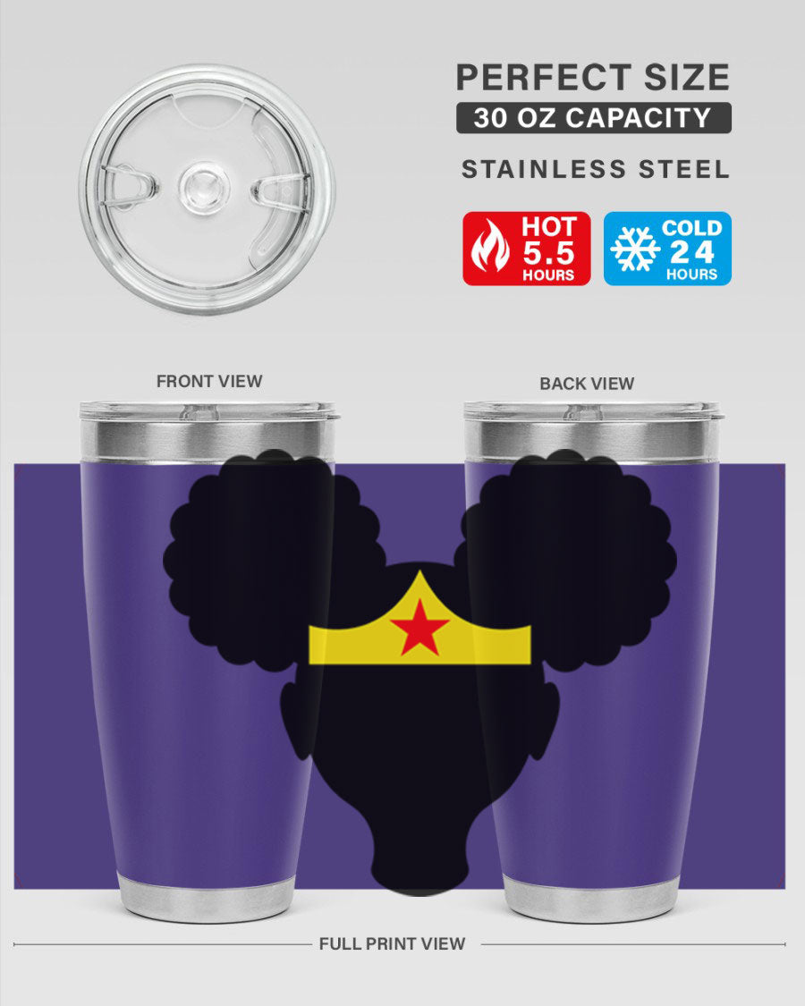 Afro Puffs Girl Wonder Woman 78# Tumbler showcasing vibrant design and stainless steel construction, perfect for hot and cold beverages.