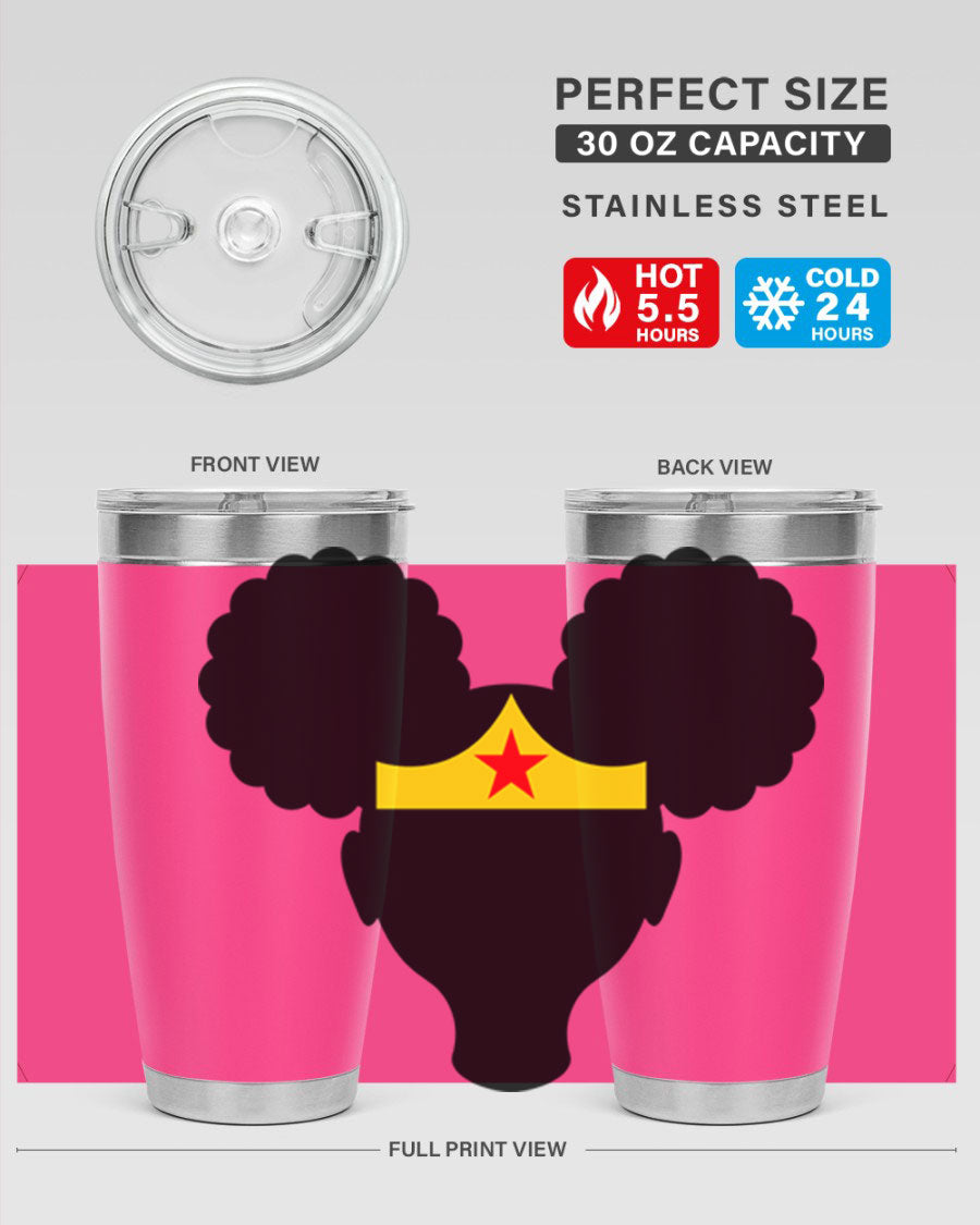 Afro Puffs Girl Wonder Woman 78# Tumbler showcasing vibrant design and stainless steel construction, perfect for hot and cold beverages.