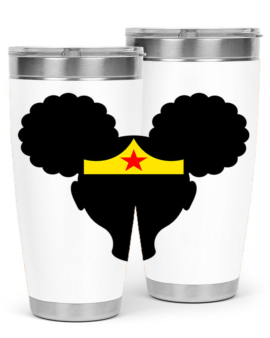 Afro Puffs Girl Wonder Woman 78# Tumbler showcasing vibrant design and stainless steel construction, perfect for hot and cold beverages.
