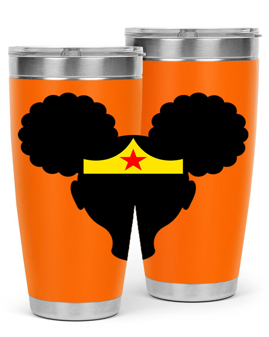Afro Puffs Girl Wonder Woman 78# Tumbler showcasing vibrant design and stainless steel construction, perfect for hot and cold beverages.