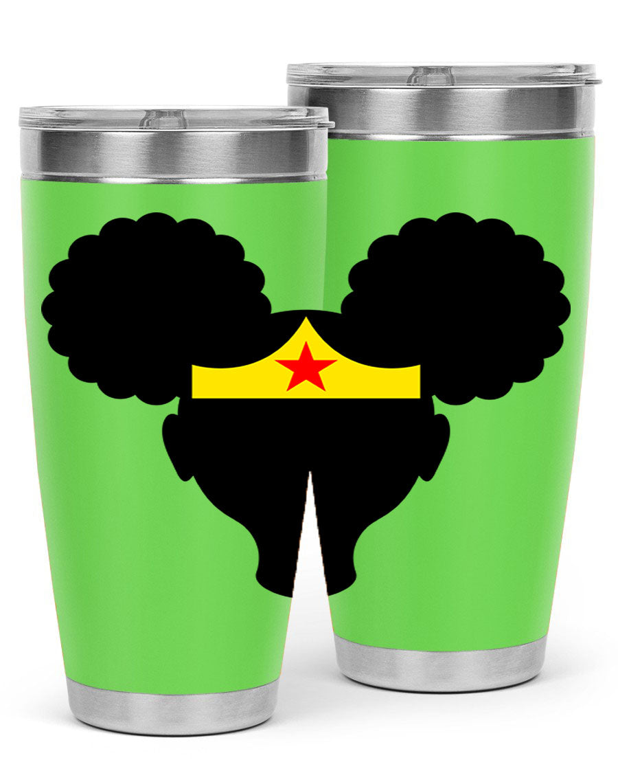 Afro Puffs Girl Wonder Woman 78# Tumbler showcasing vibrant design and stainless steel construction, perfect for hot and cold beverages.