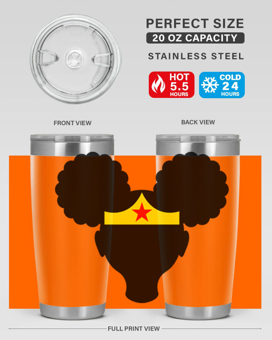 Afro Puffs Girl Wonder Woman 78# Tumbler showcasing vibrant design and stainless steel construction, perfect for hot and cold beverages.