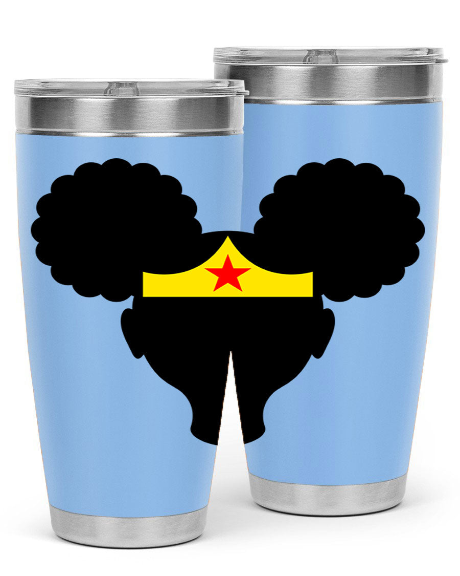 Afro Puffs Girl Wonder Woman 78# Tumbler showcasing vibrant design and stainless steel construction, perfect for hot and cold beverages.
