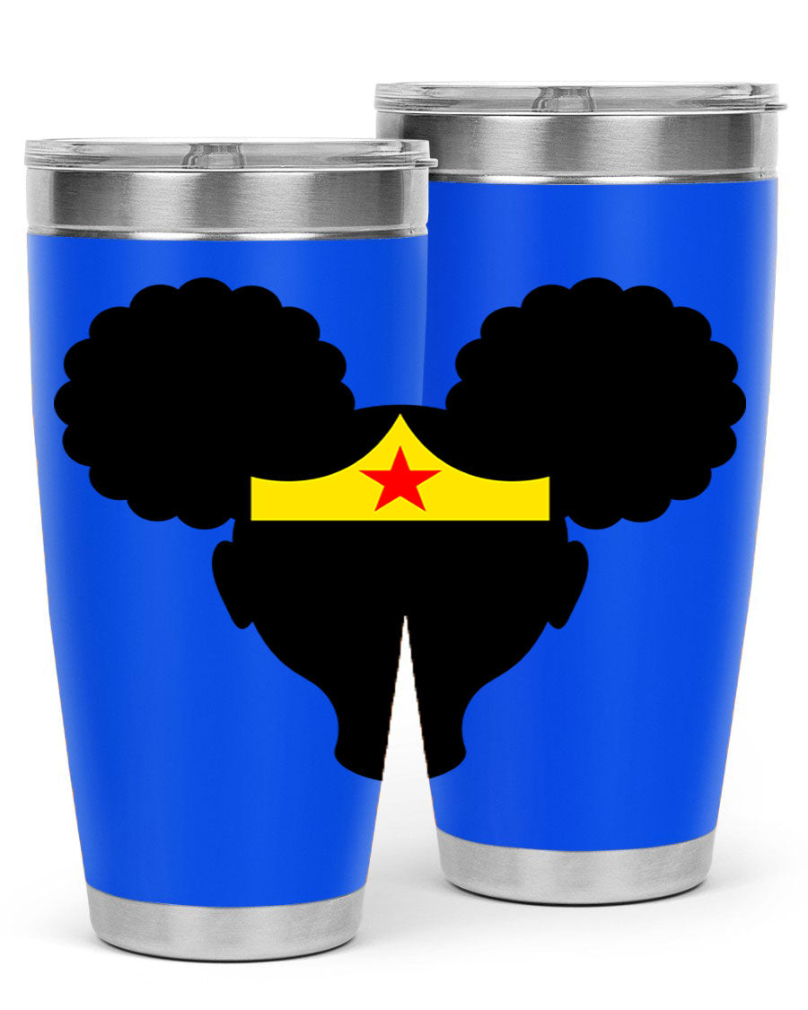 Afro Puffs Girl Wonder Woman 78# Tumbler showcasing vibrant design and stainless steel construction, perfect for hot and cold beverages.