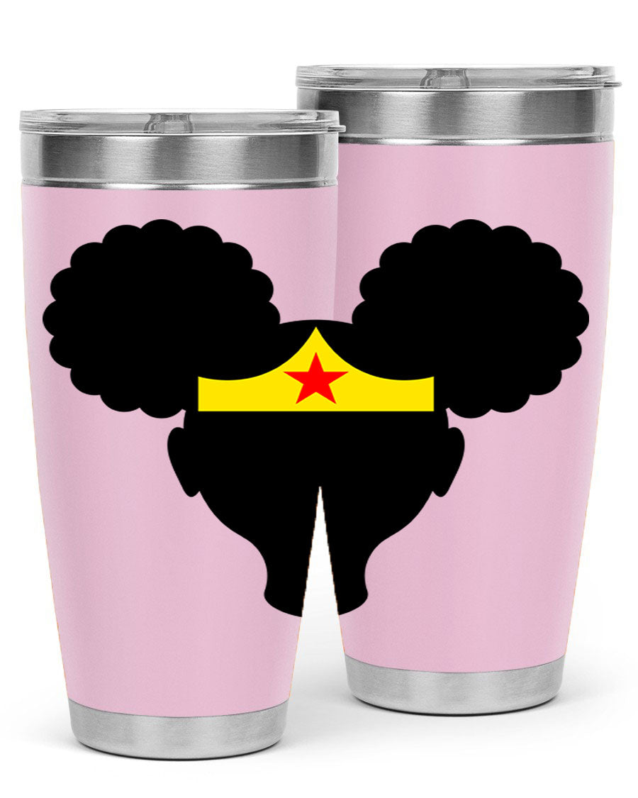 Afro Puffs Girl Wonder Woman 78# Tumbler showcasing vibrant design and stainless steel construction, perfect for hot and cold beverages.