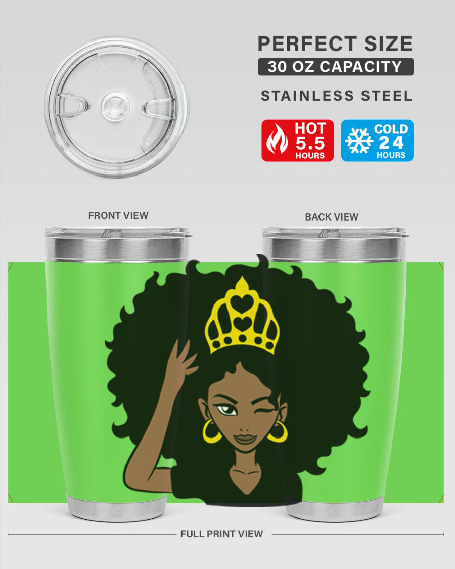 Afro Queen Crown 72# Tumbler showcasing its stylish design and stainless steel construction, perfect for women and girls.