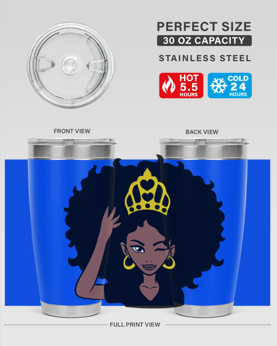 Afro Queen Crown 72# Tumbler showcasing its stylish design and stainless steel construction, perfect for women and girls.
