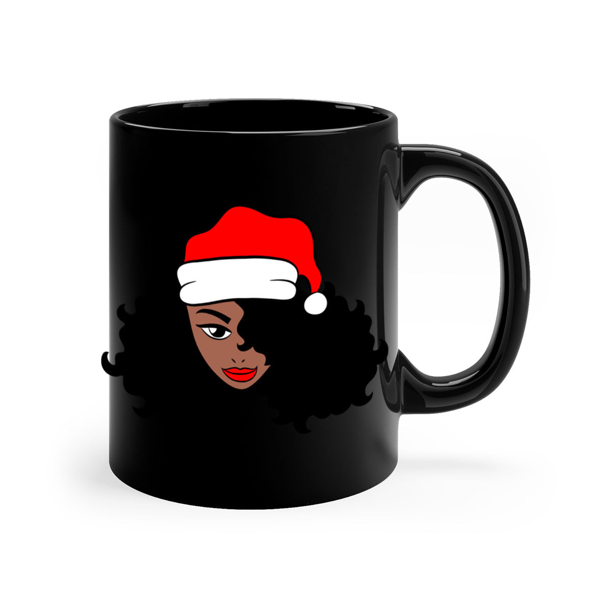 Afro Santa Claus Girl Mug featuring a vibrant design with a colored handle and glossy finish, perfect for coffee and tea lovers.