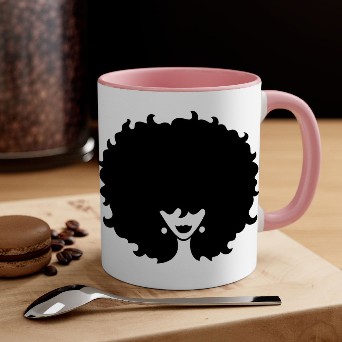 Afro Woman 69# Mug featuring a vibrant design with a glossy finish, available in multiple colors and sizes.