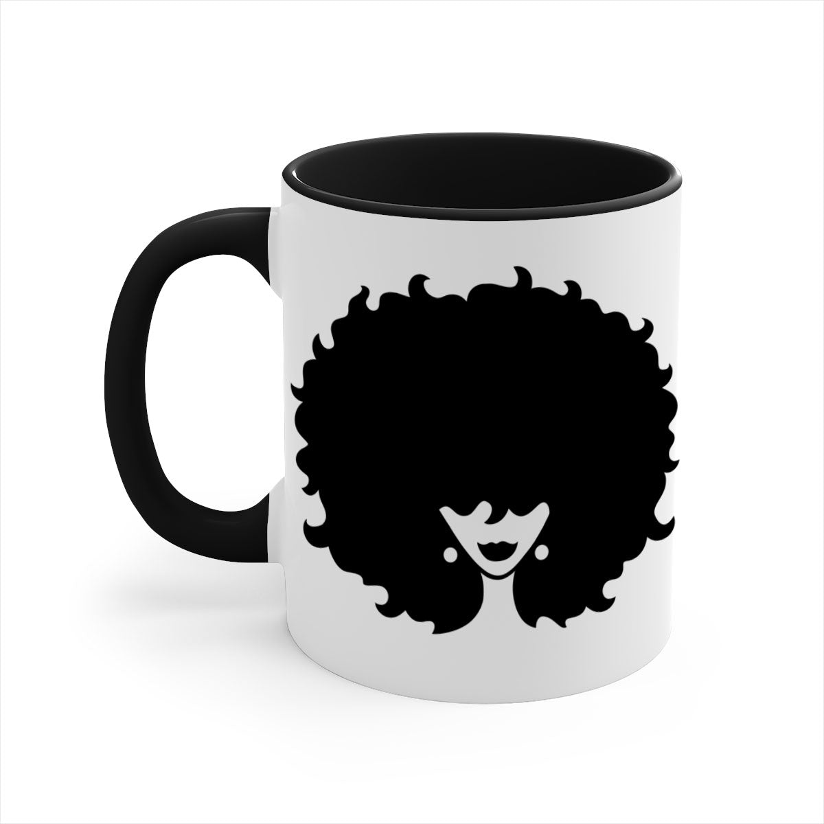 Afro Woman 69# Mug featuring a vibrant design with a glossy finish, available in multiple colors and sizes.