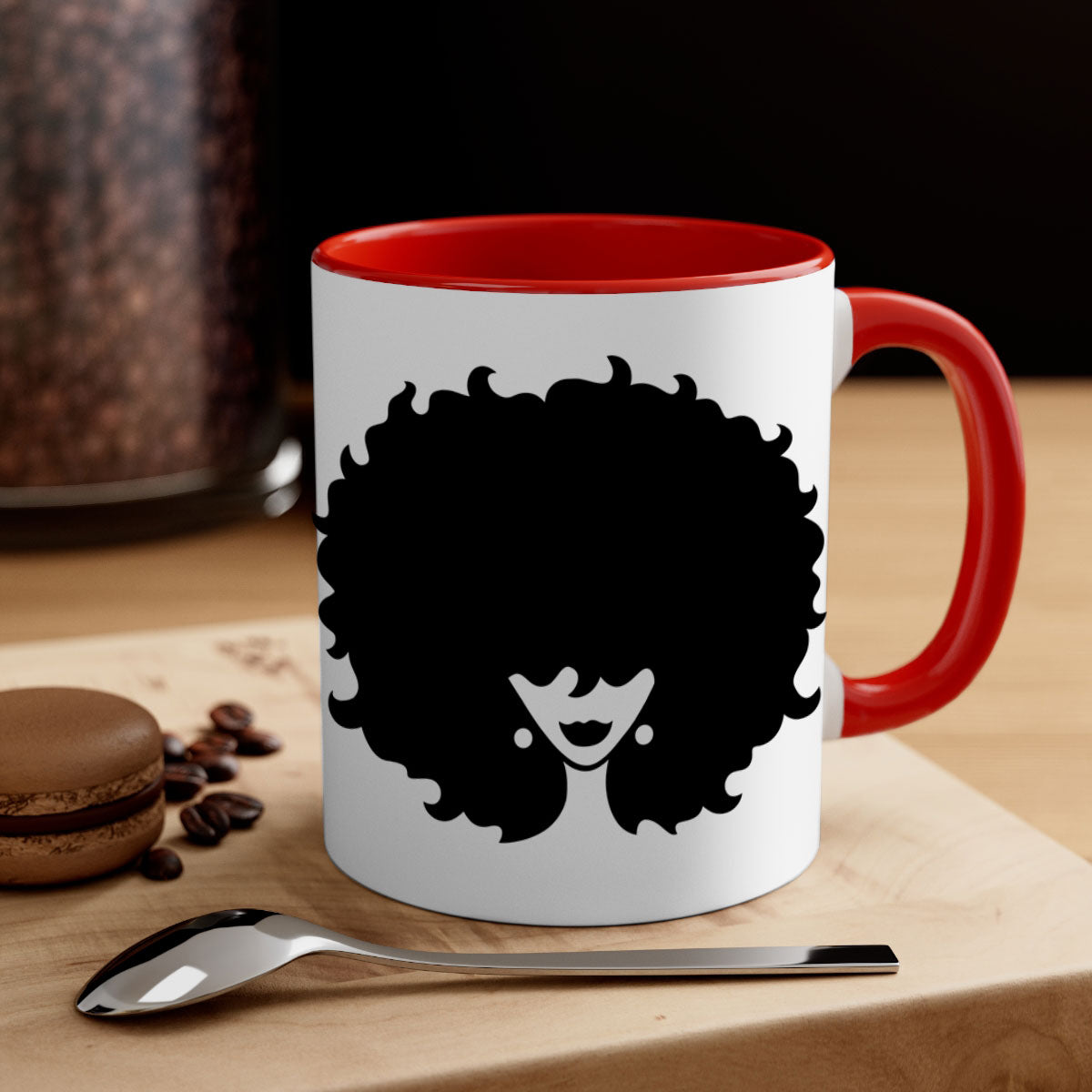 Afro Woman 69# Mug featuring a vibrant design with a glossy finish, available in multiple colors and sizes.