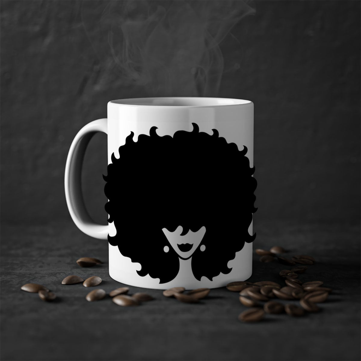 Afro Woman 69# Mug featuring a vibrant design with a glossy finish, available in multiple colors and sizes.