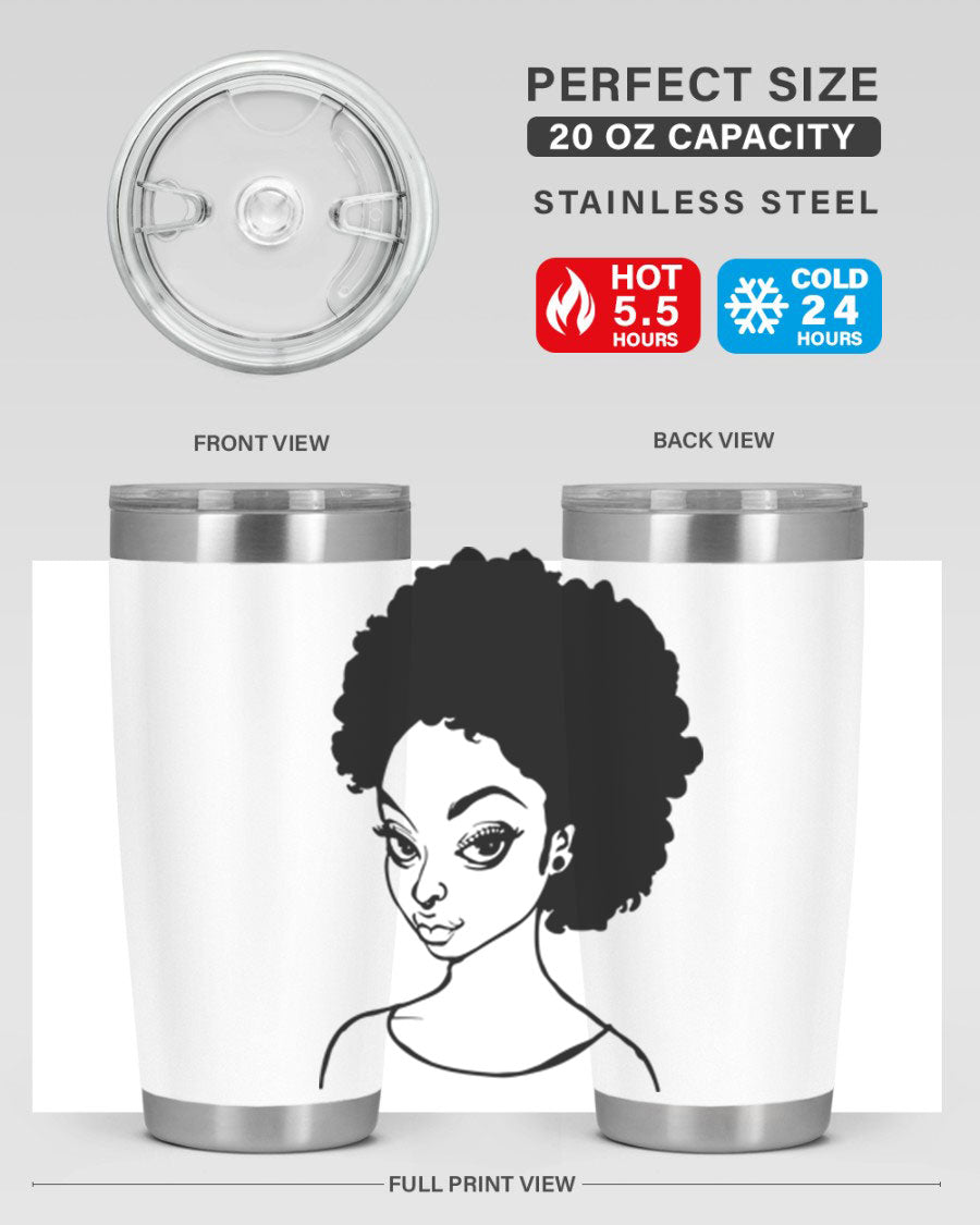 Afro woman tumbler featuring a vibrant design, made of stainless steel with double wall vacuum insulation.
