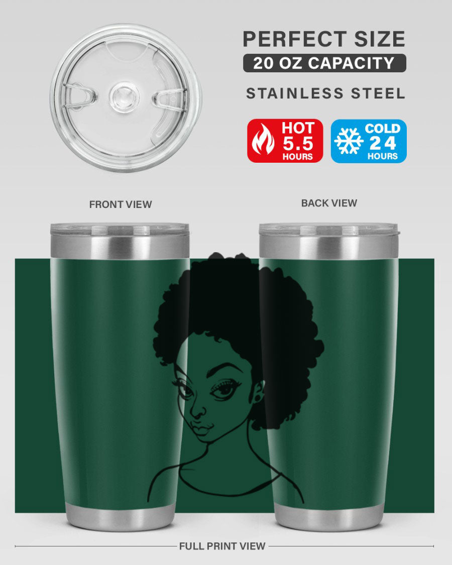 Afro woman tumbler featuring a vibrant design, made of stainless steel with double wall vacuum insulation.