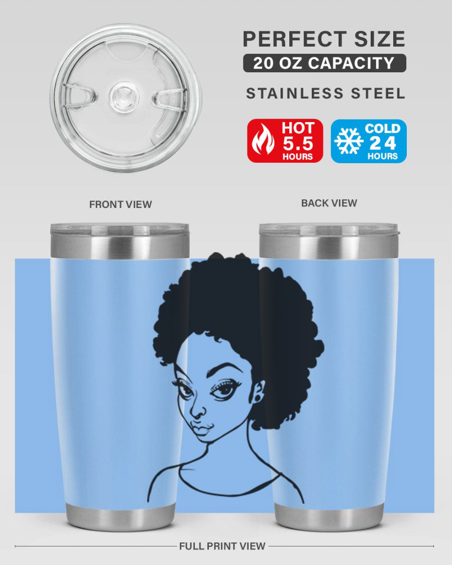 Afro woman tumbler featuring a vibrant design, made of stainless steel with double wall vacuum insulation.