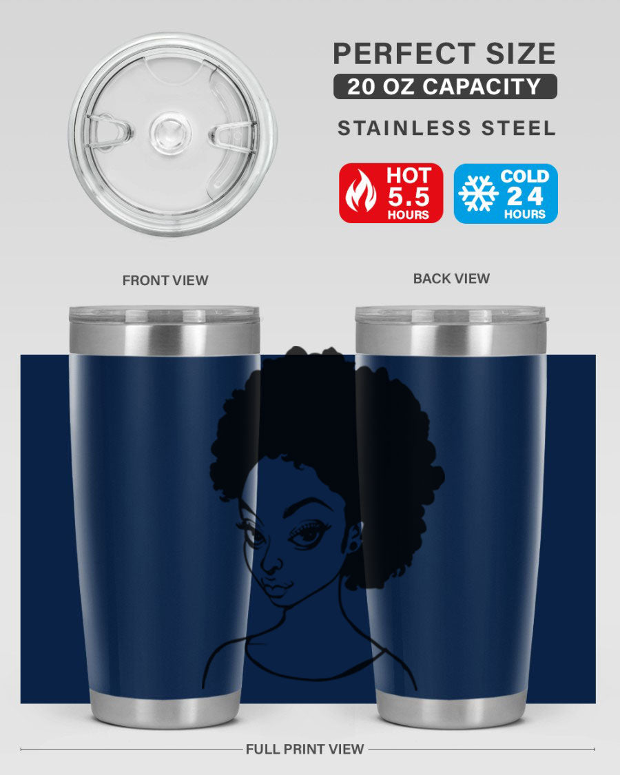 Afro woman tumbler featuring a vibrant design, made of stainless steel with double wall vacuum insulation.