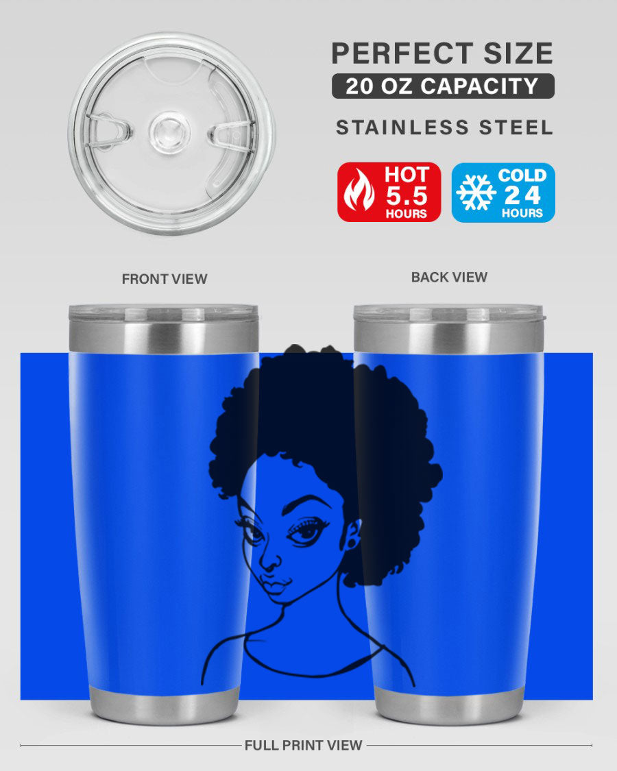 Afro woman tumbler featuring a vibrant design, made of stainless steel with double wall vacuum insulation.