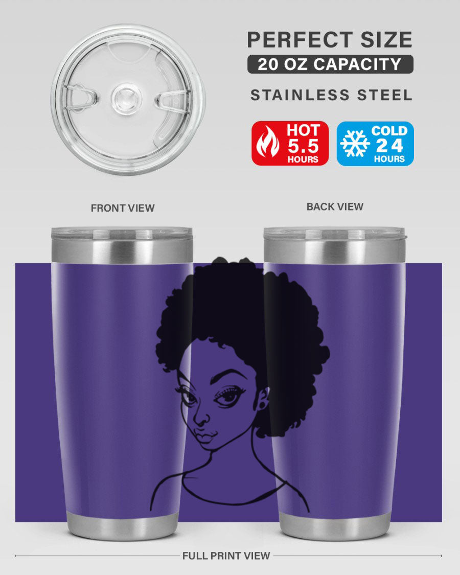 Afro woman tumbler featuring a vibrant design, made of stainless steel with double wall vacuum insulation.