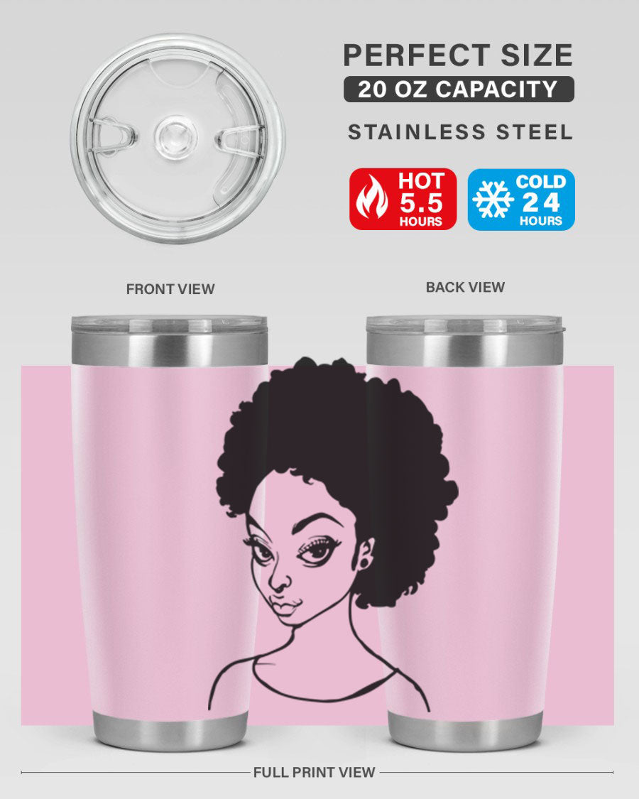 Afro woman tumbler featuring a vibrant design, made of stainless steel with double wall vacuum insulation.