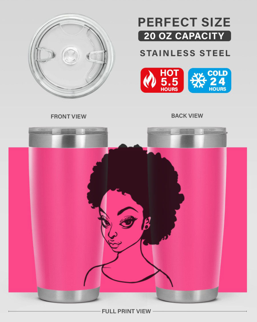 Afro woman tumbler featuring a vibrant design, made of stainless steel with double wall vacuum insulation.