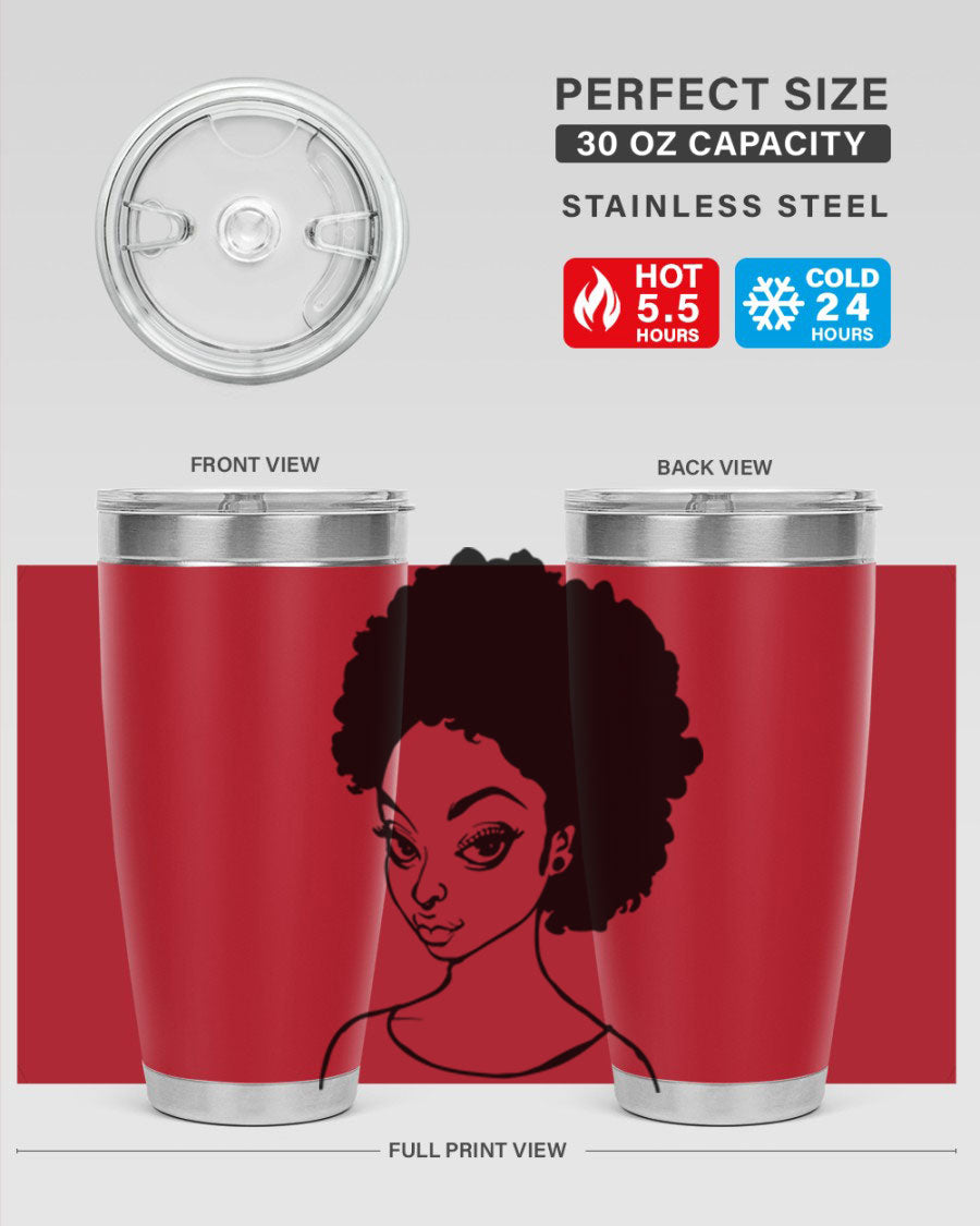 Afro woman tumbler featuring a vibrant design, made of stainless steel with double wall vacuum insulation.