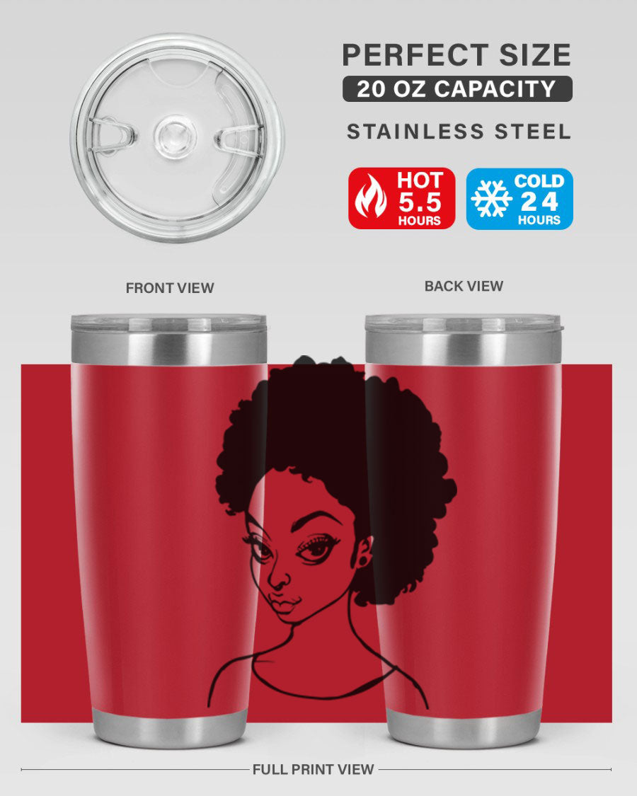 Afro woman tumbler featuring a vibrant design, made of stainless steel with double wall vacuum insulation.