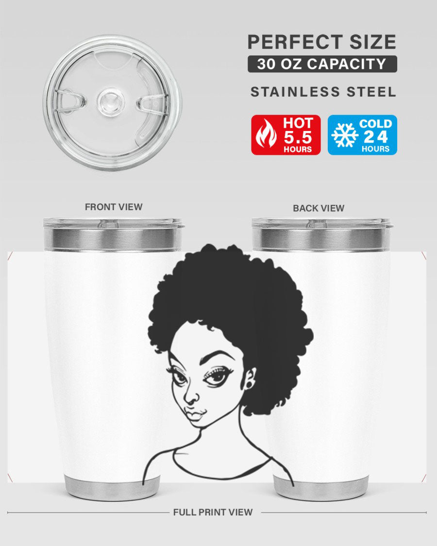 Afro woman tumbler featuring a vibrant design, made of stainless steel with double wall vacuum insulation.