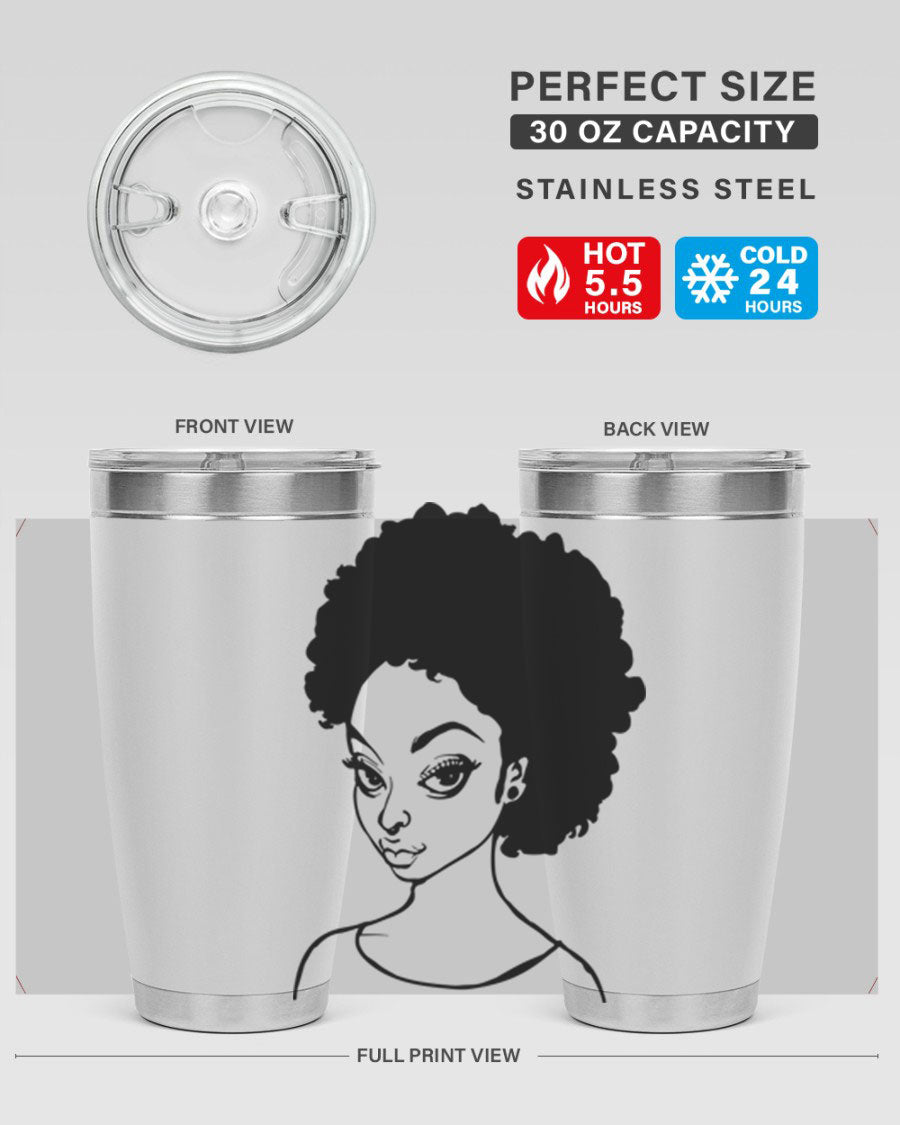 Afro woman tumbler featuring a vibrant design, made of stainless steel with double wall vacuum insulation.