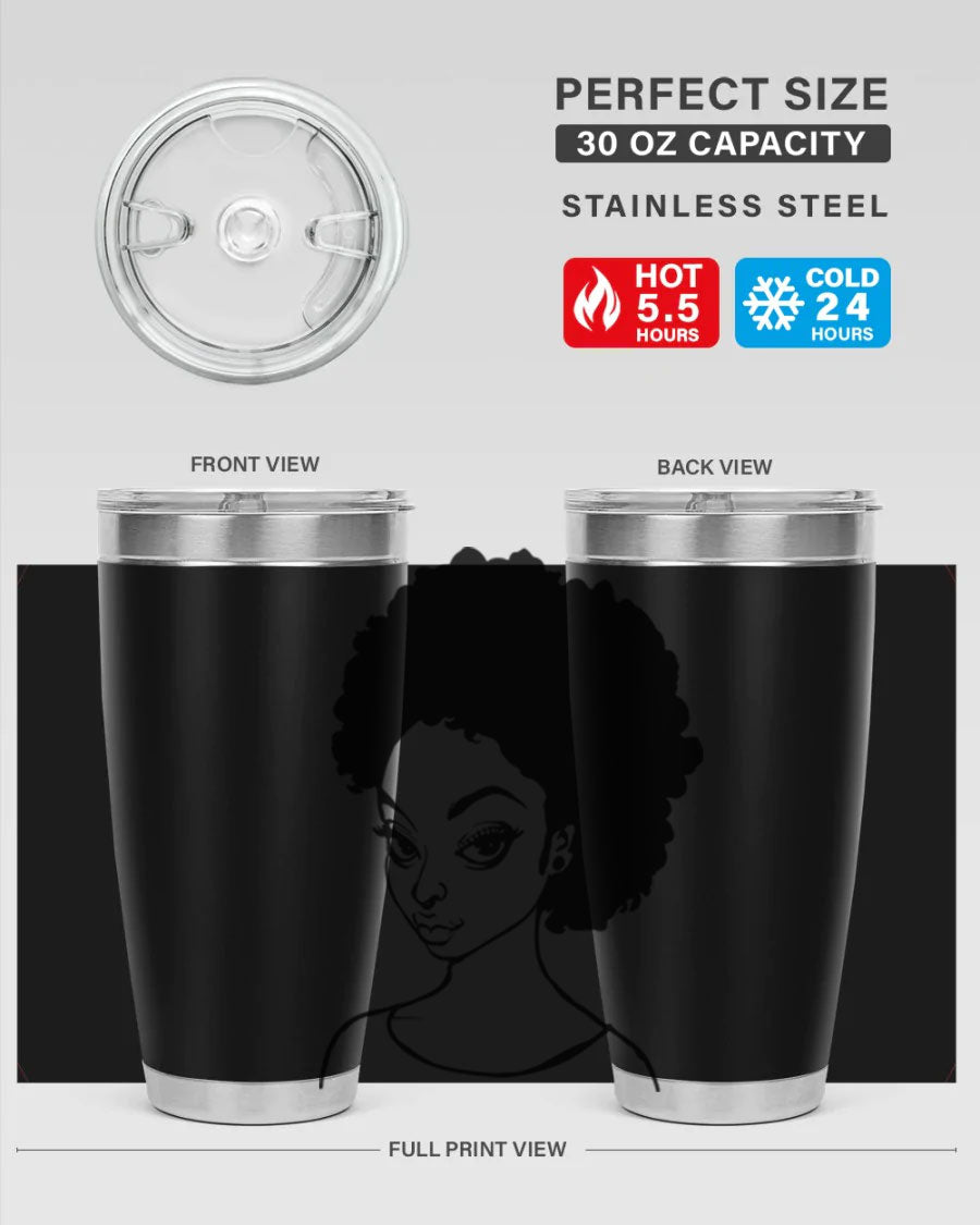 Afro woman tumbler featuring a vibrant design, made of stainless steel with double wall vacuum insulation.