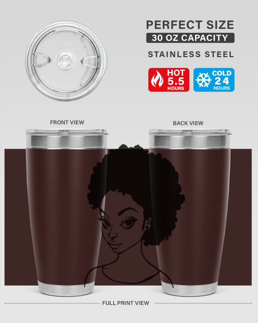 Afro woman tumbler featuring a vibrant design, made of stainless steel with double wall vacuum insulation.