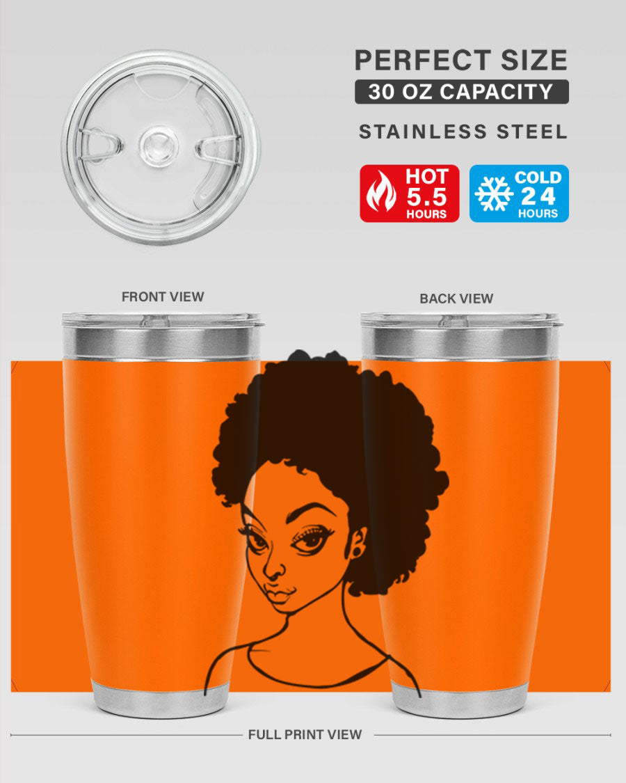 Afro woman tumbler featuring a vibrant design, made of stainless steel with double wall vacuum insulation.