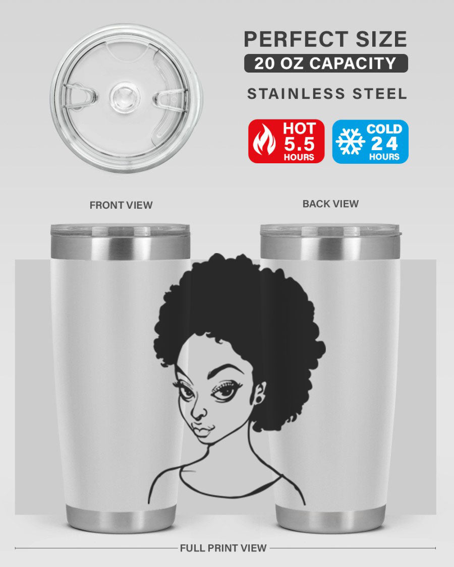 Afro woman tumbler featuring a vibrant design, made of stainless steel with double wall vacuum insulation.