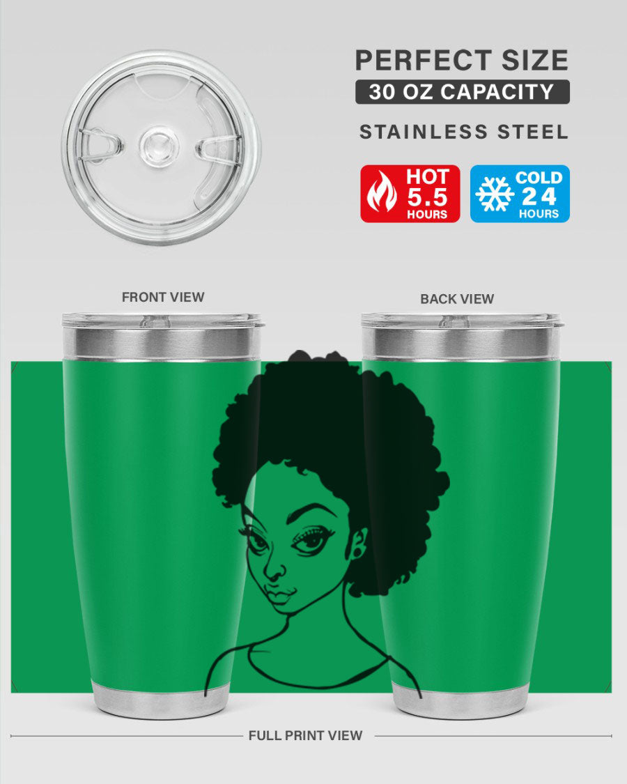 Afro woman tumbler featuring a vibrant design, made of stainless steel with double wall vacuum insulation.