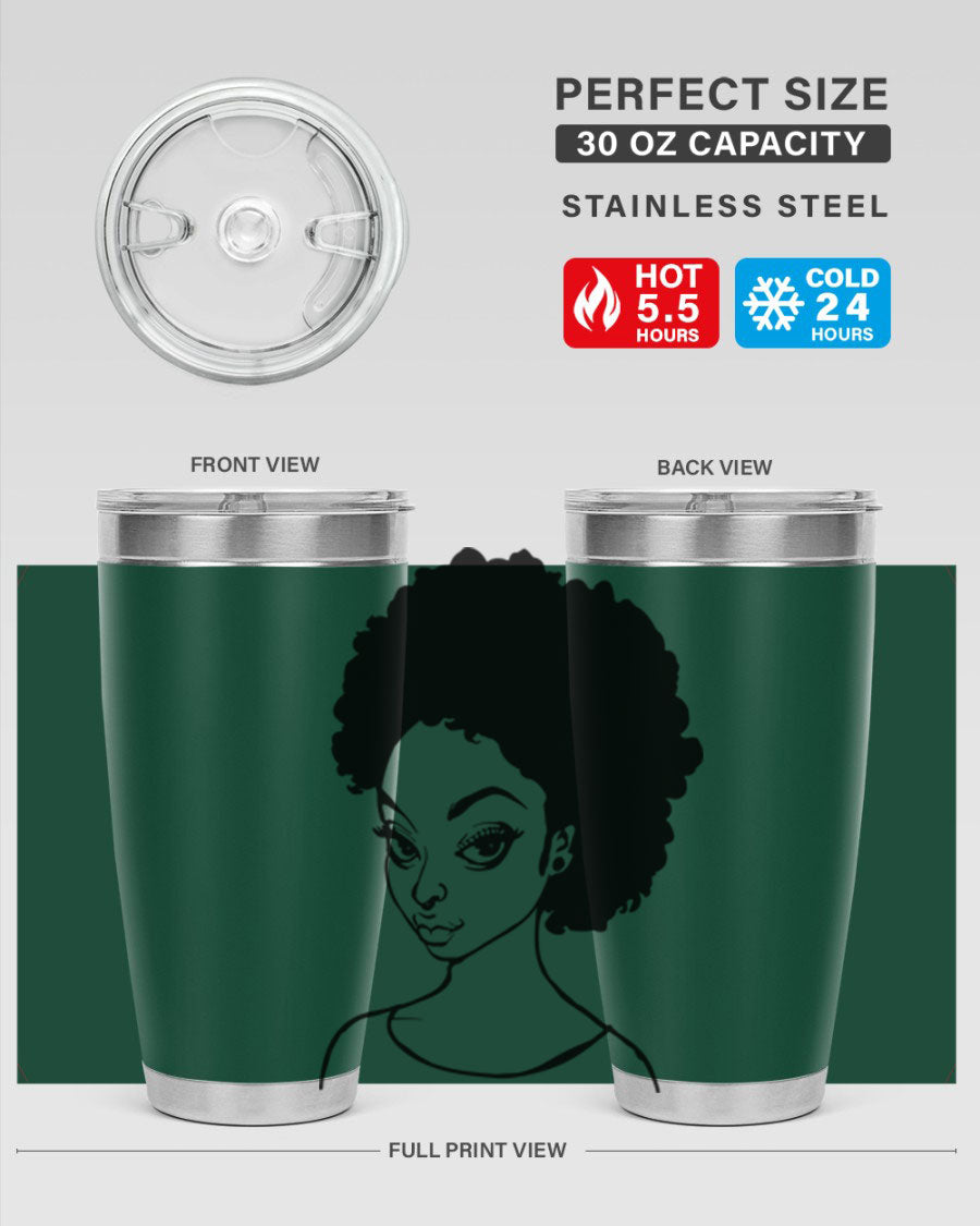 Afro woman tumbler featuring a vibrant design, made of stainless steel with double wall vacuum insulation.