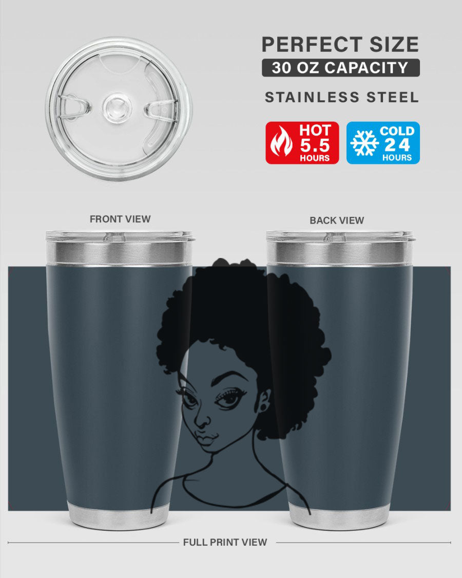 Afro woman tumbler featuring a vibrant design, made of stainless steel with double wall vacuum insulation.