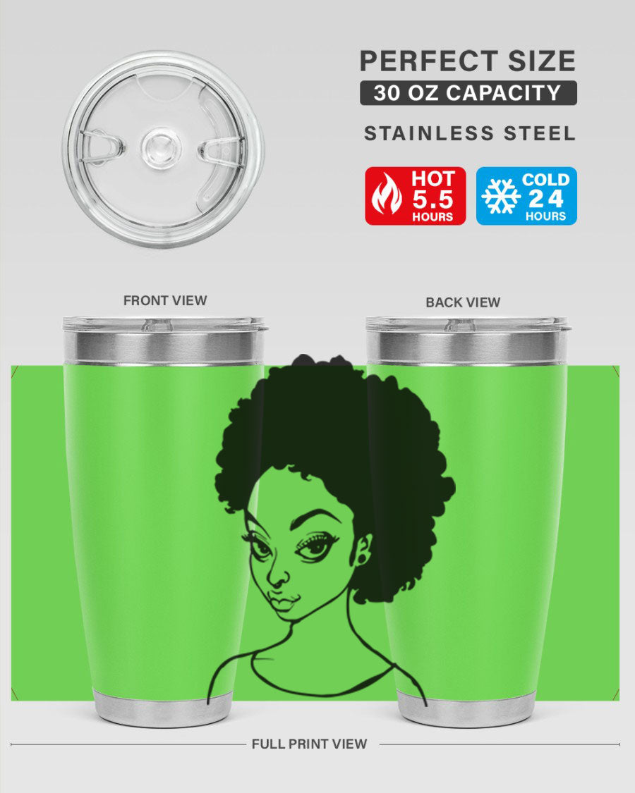 Afro woman tumbler featuring a vibrant design, made of stainless steel with double wall vacuum insulation.