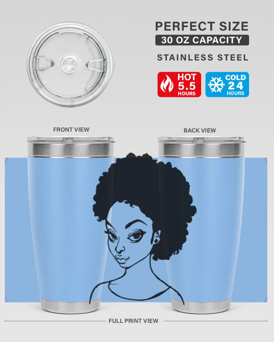 Afro woman tumbler featuring a vibrant design, made of stainless steel with double wall vacuum insulation.