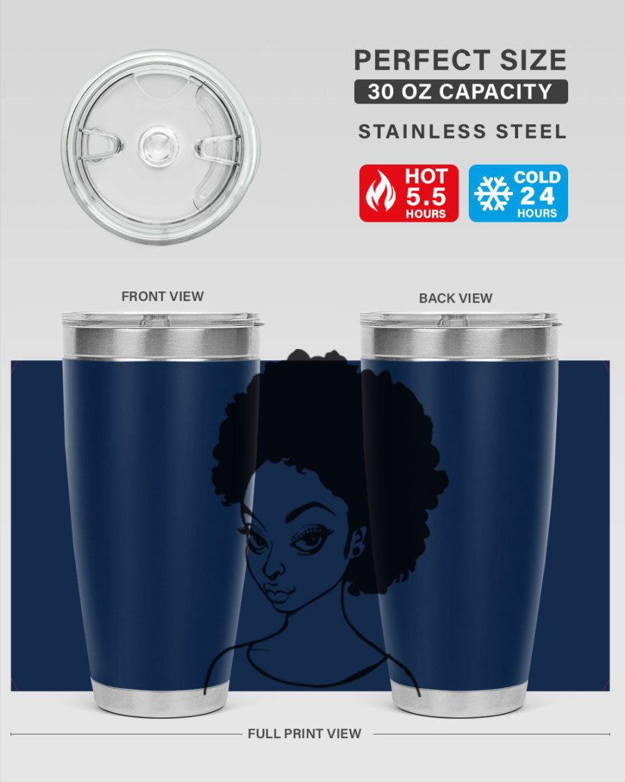 Afro woman tumbler featuring a vibrant design, made of stainless steel with double wall vacuum insulation.