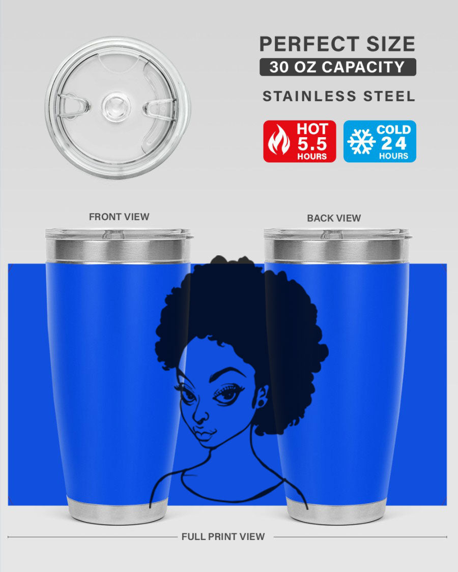 Afro woman tumbler featuring a vibrant design, made of stainless steel with double wall vacuum insulation.