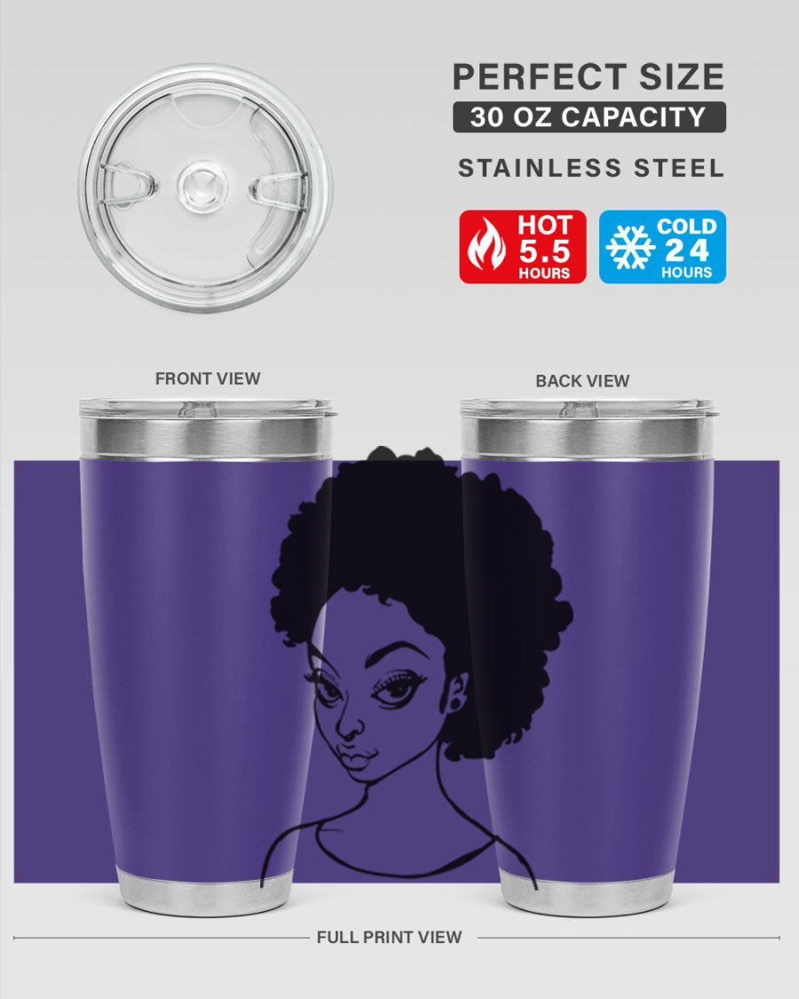 Afro woman tumbler featuring a vibrant design, made of stainless steel with double wall vacuum insulation.
