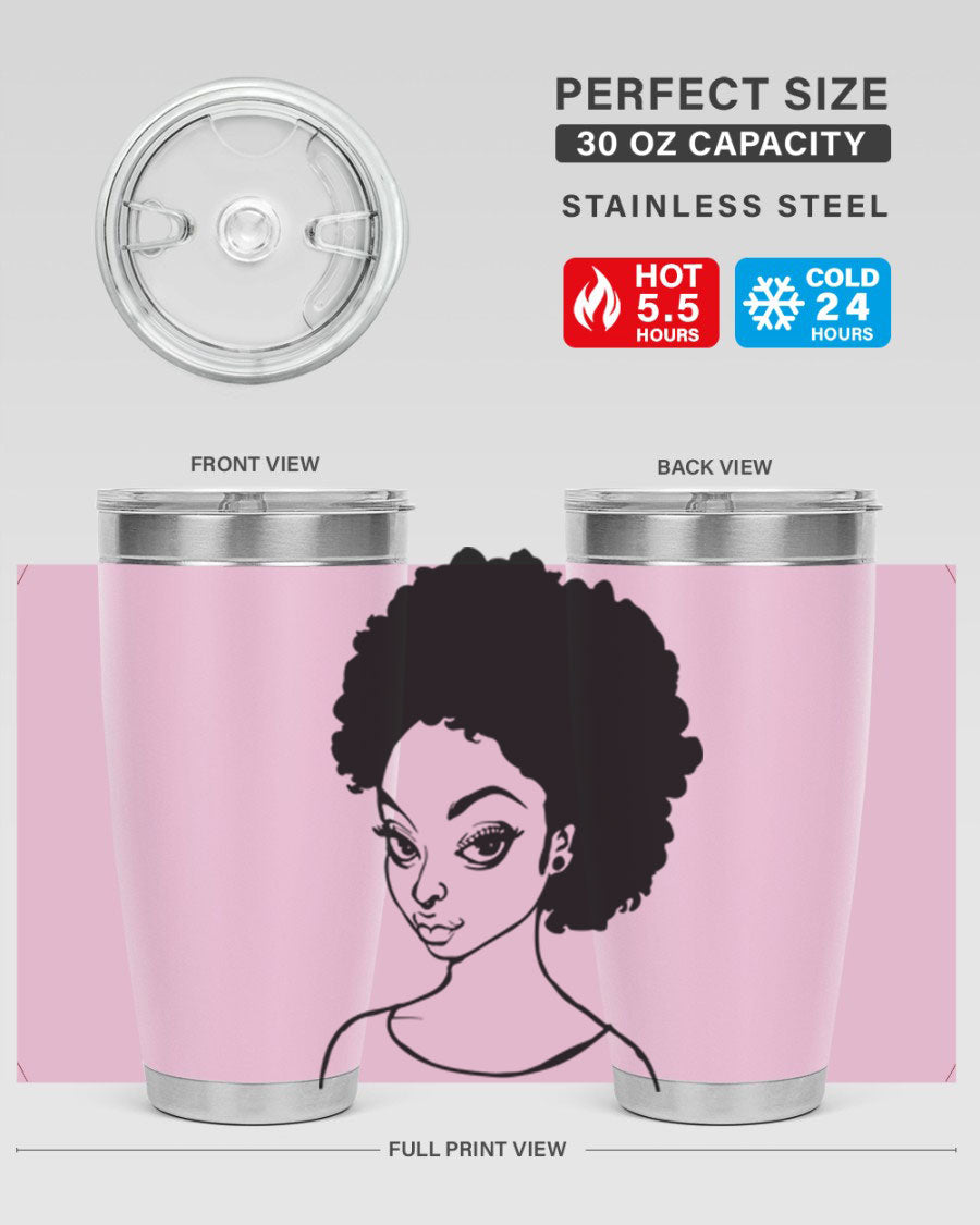 Afro woman tumbler featuring a vibrant design, made of stainless steel with double wall vacuum insulation.
