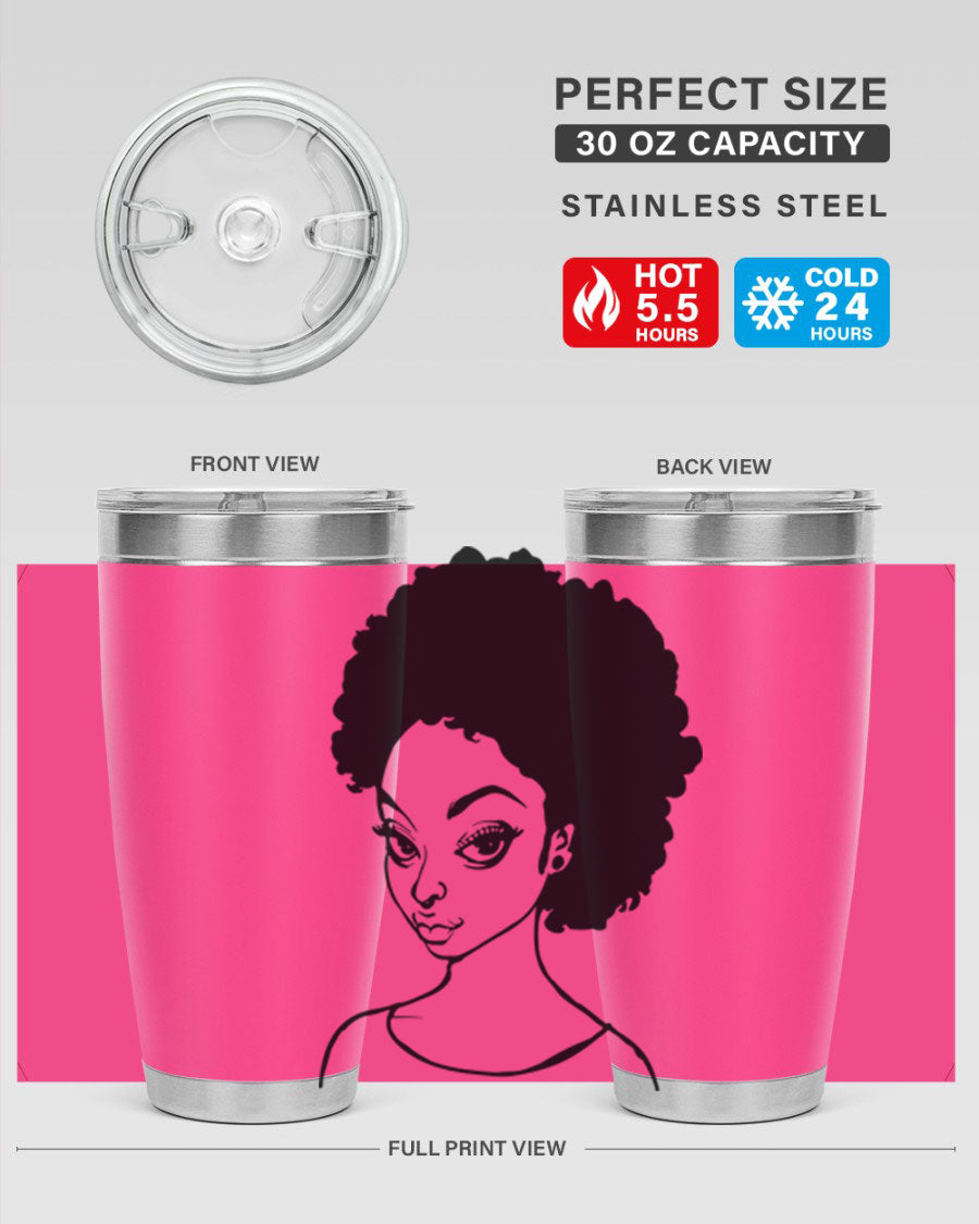 Afro woman tumbler featuring a vibrant design, made of stainless steel with double wall vacuum insulation.