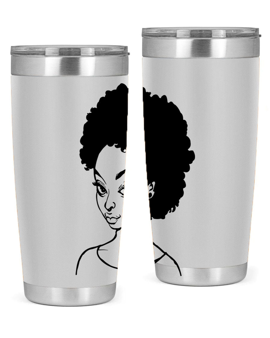 Afro woman tumbler featuring a vibrant design, made of stainless steel with double wall vacuum insulation.