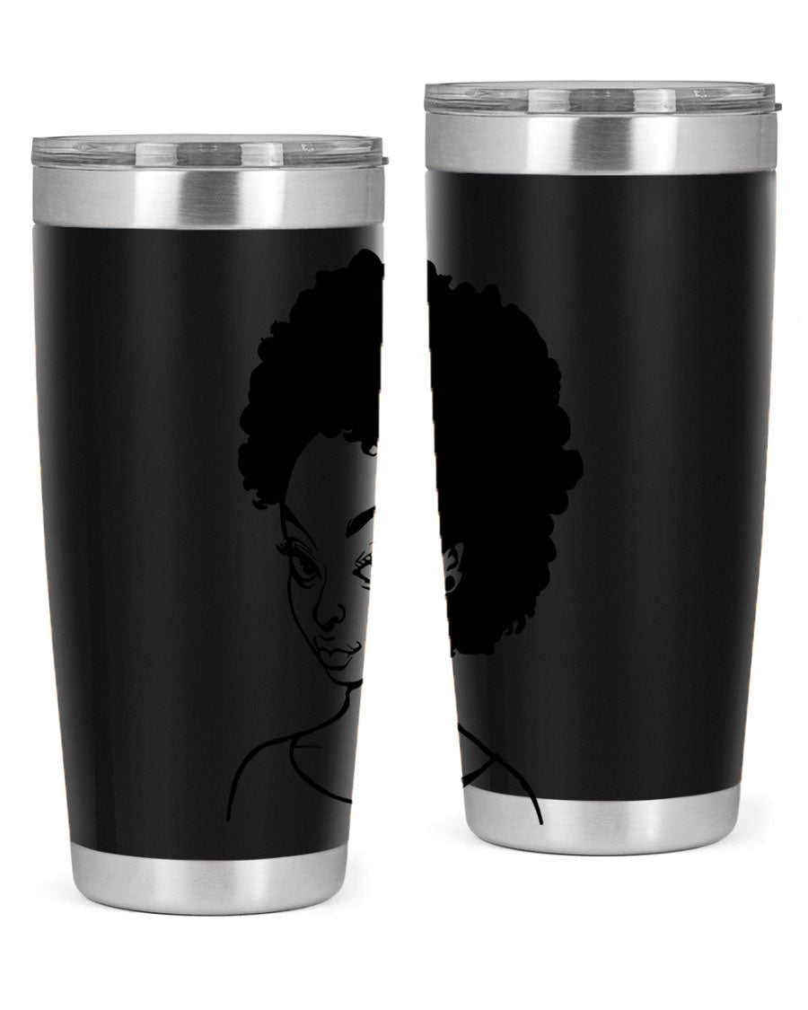 Afro woman tumbler featuring a vibrant design, made of stainless steel with double wall vacuum insulation.