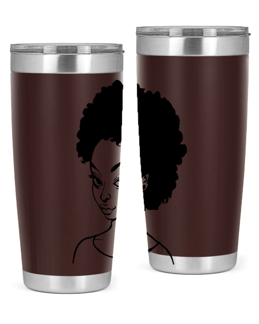 Afro woman tumbler featuring a vibrant design, made of stainless steel with double wall vacuum insulation.