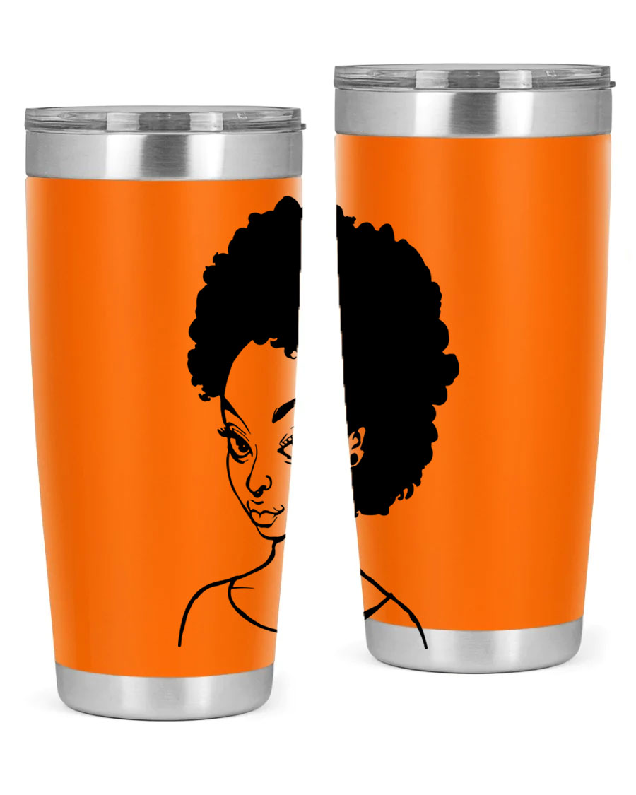 Afro woman tumbler featuring a vibrant design, made of stainless steel with double wall vacuum insulation.