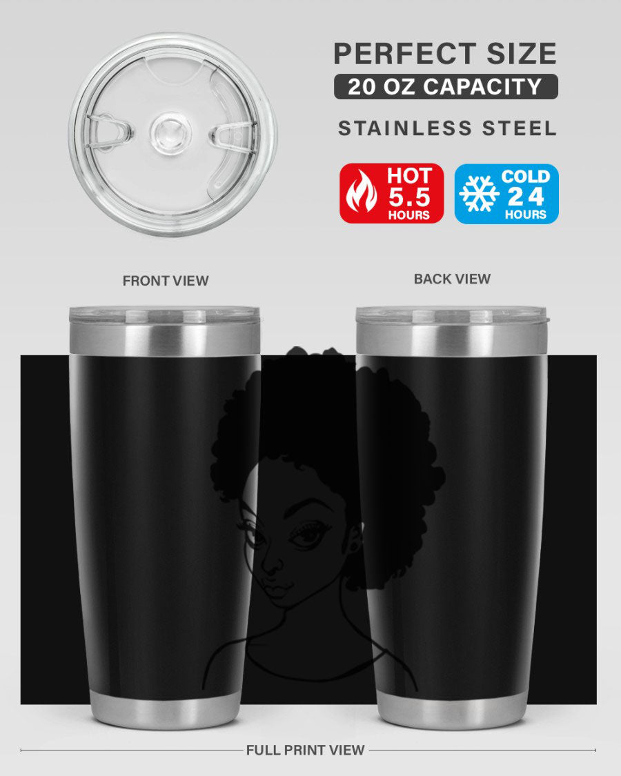 Afro woman tumbler featuring a vibrant design, made of stainless steel with double wall vacuum insulation.