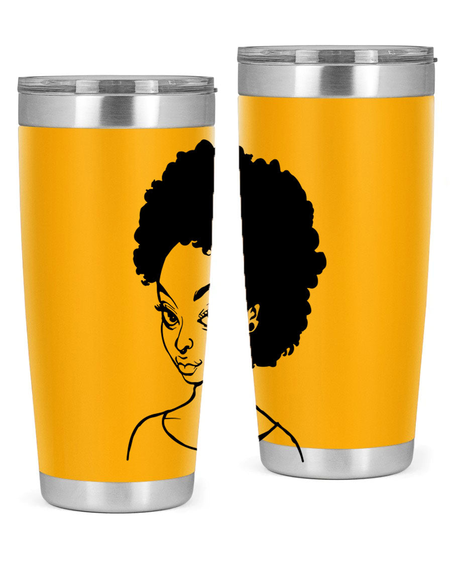 Afro woman tumbler featuring a vibrant design, made of stainless steel with double wall vacuum insulation.