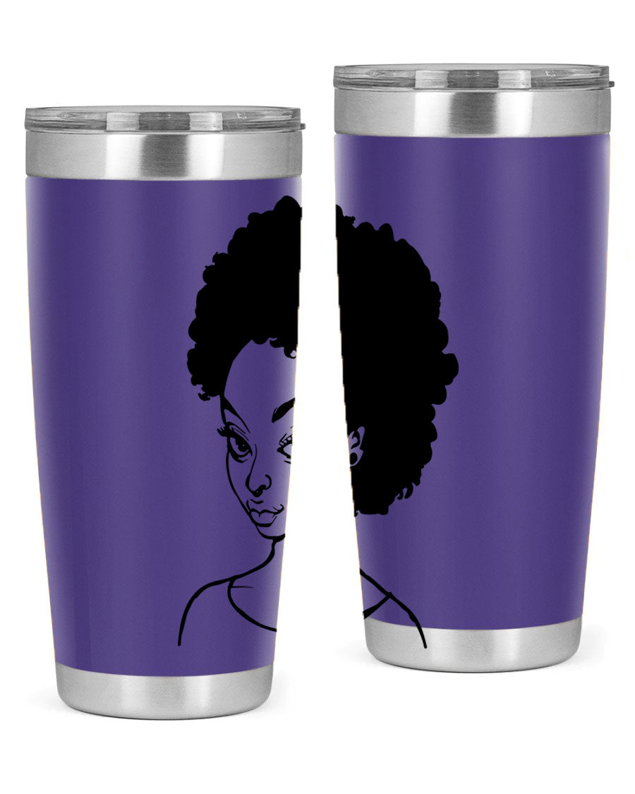 Afro woman tumbler featuring a vibrant design, made of stainless steel with double wall vacuum insulation.