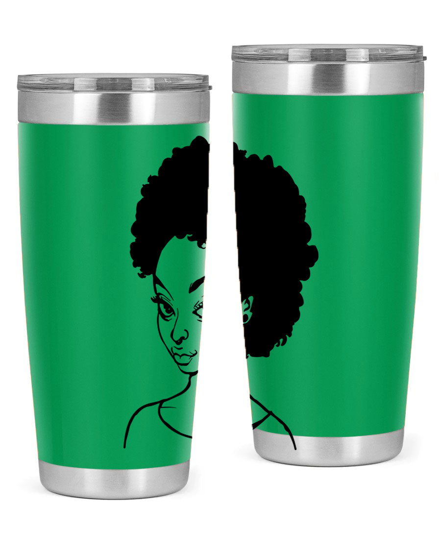 Afro woman tumbler featuring a vibrant design, made of stainless steel with double wall vacuum insulation.